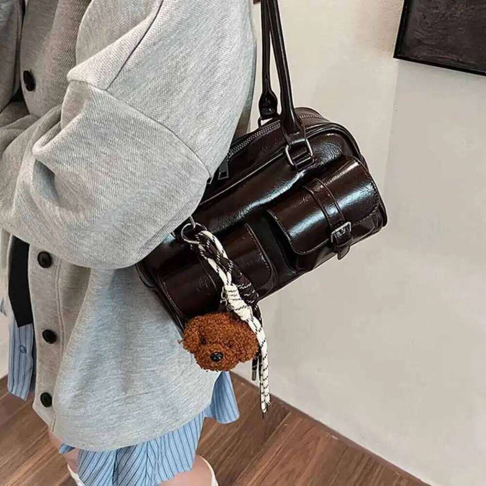Korean PU Bowling Handbag Minority Design Pocket Boston Tote French Style Solid Color Underarm Bag Portable Y260205