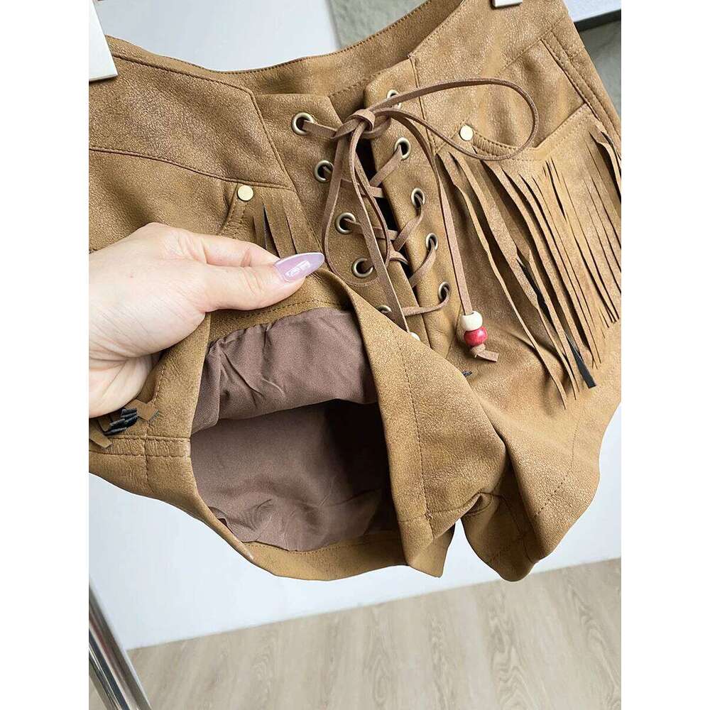 Women's Summer High Street Music Festival Tassel Shorts Lady Drawstring Waist Straight Short Pants XJ260206