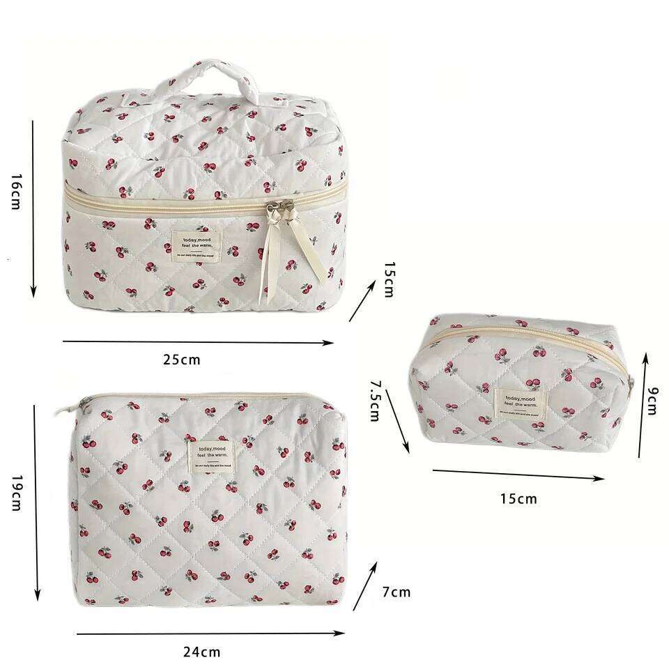 Cherry Makeup Bag Women's Bags Fashion Portable Cute Cosmetic Travel Storage Pouch Handbag Cotton Quilted Zipper Purse Y260206