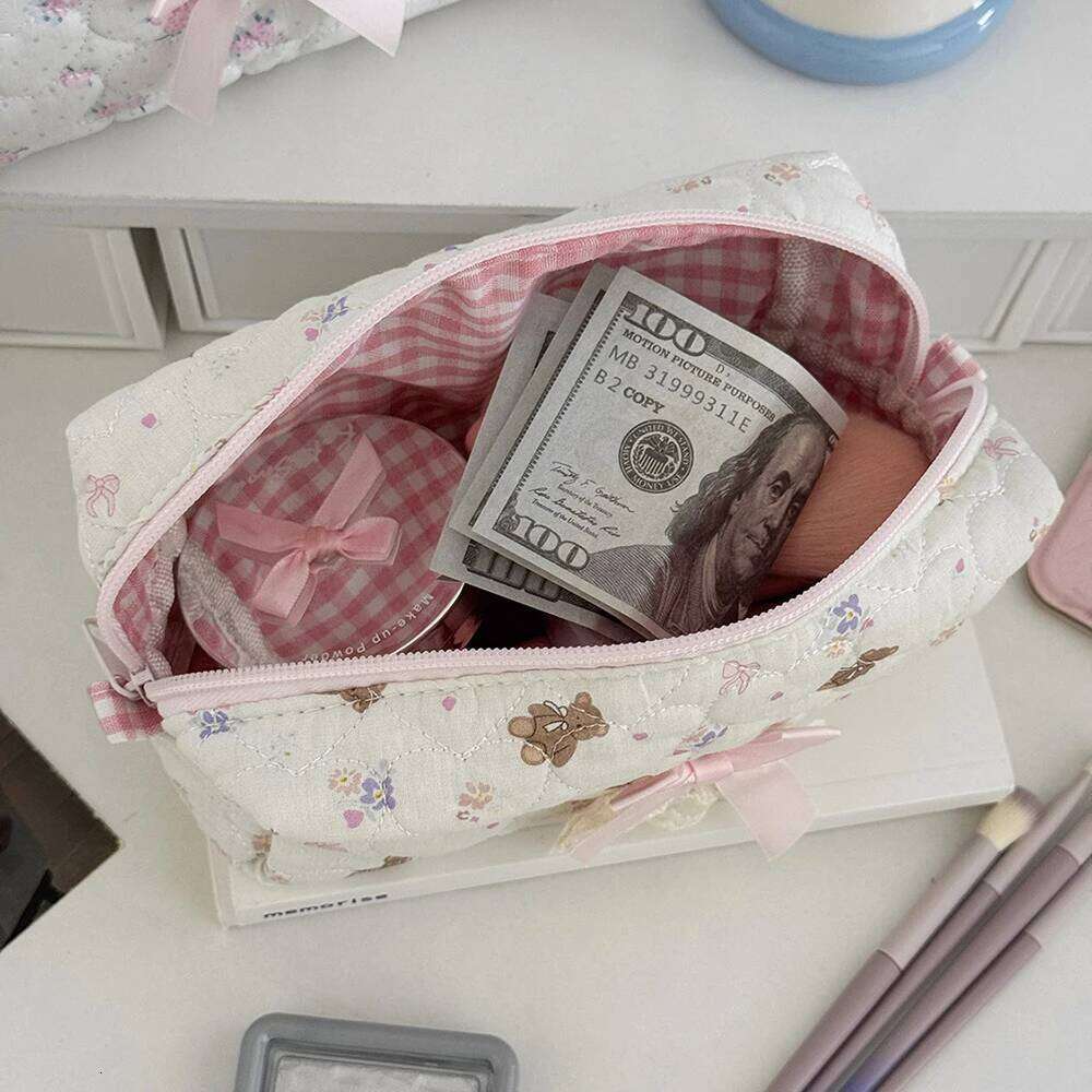 Cartoon Cute Bow Women Mini Cosmetic Portable Purse Makeup Toiletry Storage Pouch Handbag Bear Square Zipper Small Bag Y260206