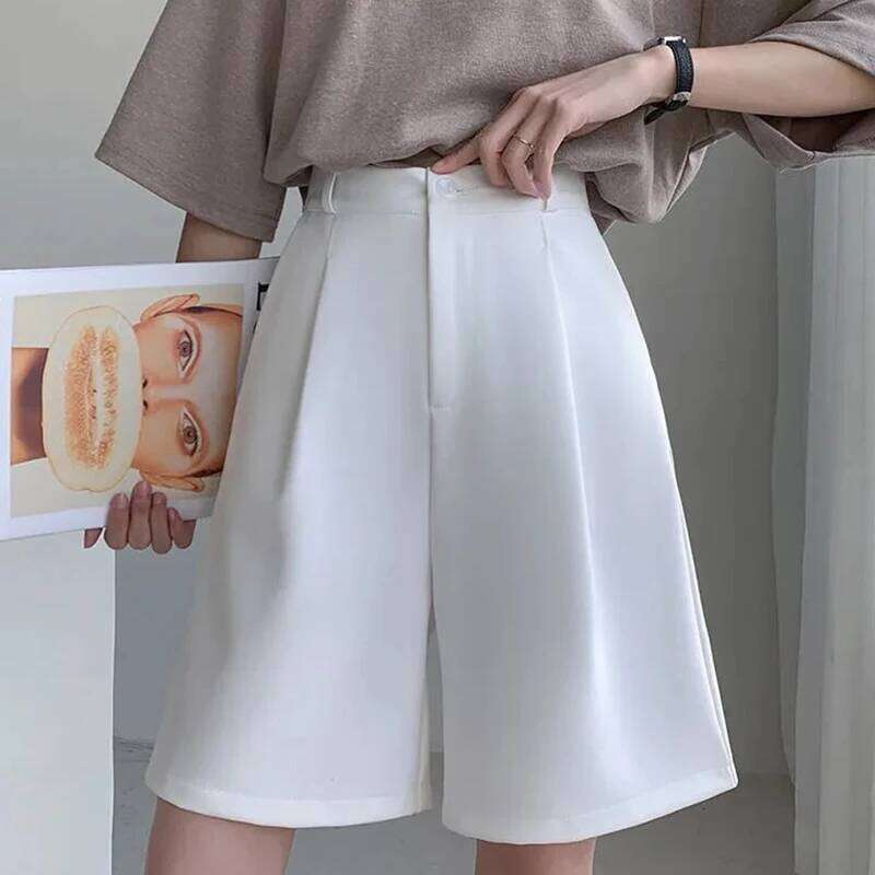 Solid Pleated Suit for Women Elastic Waist Loose Straight Shorts Summer Office Ladies Short Wide-Leg Pants Female XJ260206