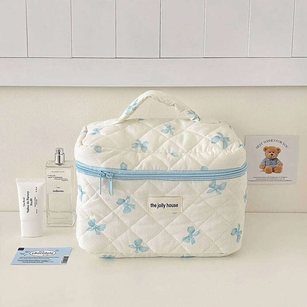 Cute Bow with Zipper Makeup Storage Bag Cotton Quilted Cosmetic Organizer Case for Women and Girls Y260206