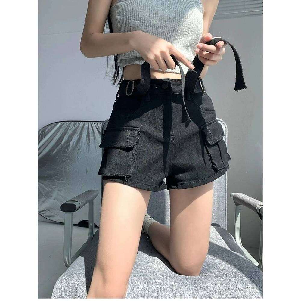 Large Pocket Denim Shorts Women's Elastic Slim 2024 New Spring/Summer High Waisted Short Cargo Cool Girls Hot Jeans Pants XJ260206
