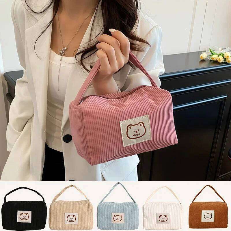 Bear Large Makeup for Women Corduroy Make Up Bags Zipper Pouch with Handle Cosmetic Organizer Toiletry Bag Y260206