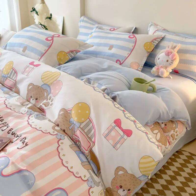 Cute Bear Bedding Set No Filler Full Queen Size Duvet Flat Sheet Pillowcase Kids Adults Fashion Soft Comforter Cover XJ260206