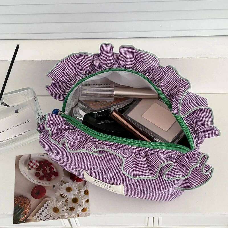 Vintage Gingham Women's Cosmetic Makeup Bag with Ruffled Edges-Large Capacity Organizer, Elegant Ribbon Bow Closure for Daily Y260206