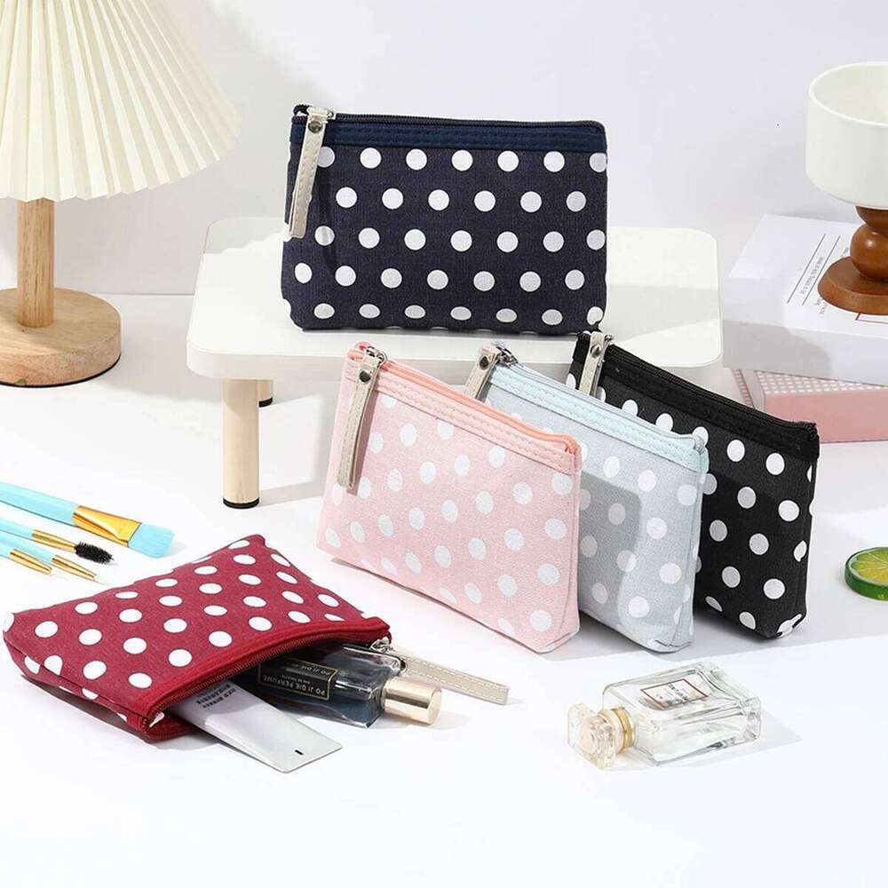 Small Fresh Canvas Dot Makeup Bag Simple and portable skincare storage bag Korean version student pencil case wallet Y260206