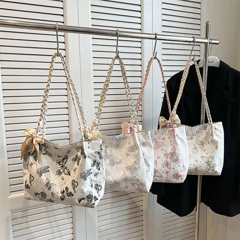Summer Large Capacity Shoulder Bag Butterfly Print Casual Tote Bags Fashionable Student Commuter Handbag with Ribbon 2025 New Y260205