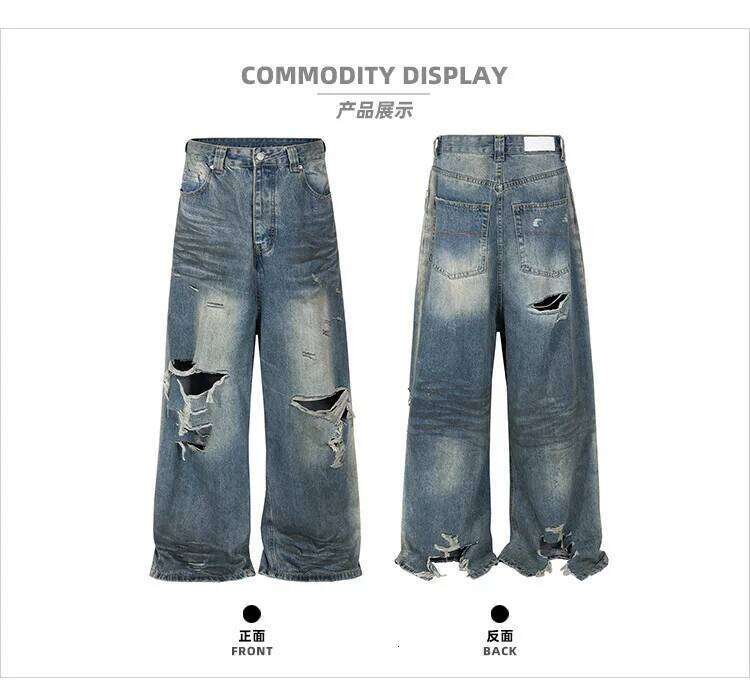 MIJKO Real Picture Frayed Damaged Hole Baggy Wide Leg Jeans Men Streetwear Casual Denim Trousers Cargo Pants X260207