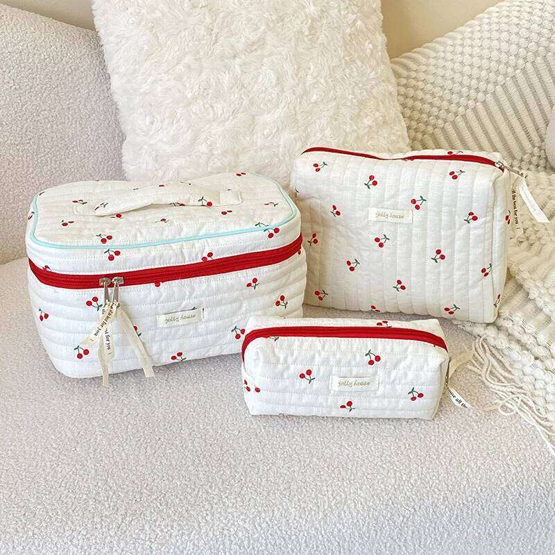 1pc Cherry Embroidered Pattern Large Capacity Women's Cosmetic Bags Portable Travel Storage Bag Pencil Case Handbags Y260206