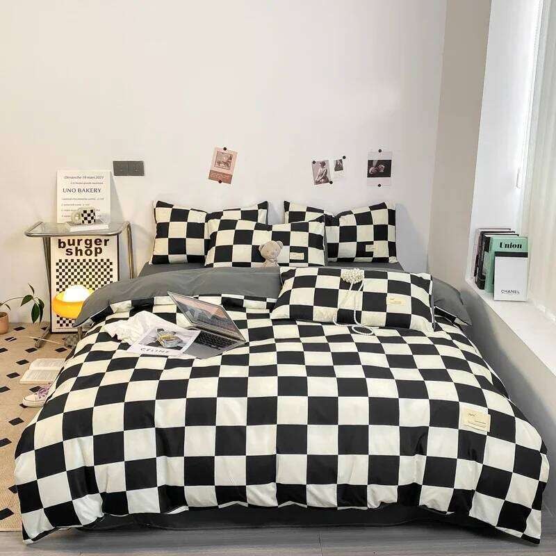 Black and White Plaid Duvet Full, Geometric Grid Bedding Set Soft Lattice Checkerd Comforter Cover with 2 Pillowcases XJ260206