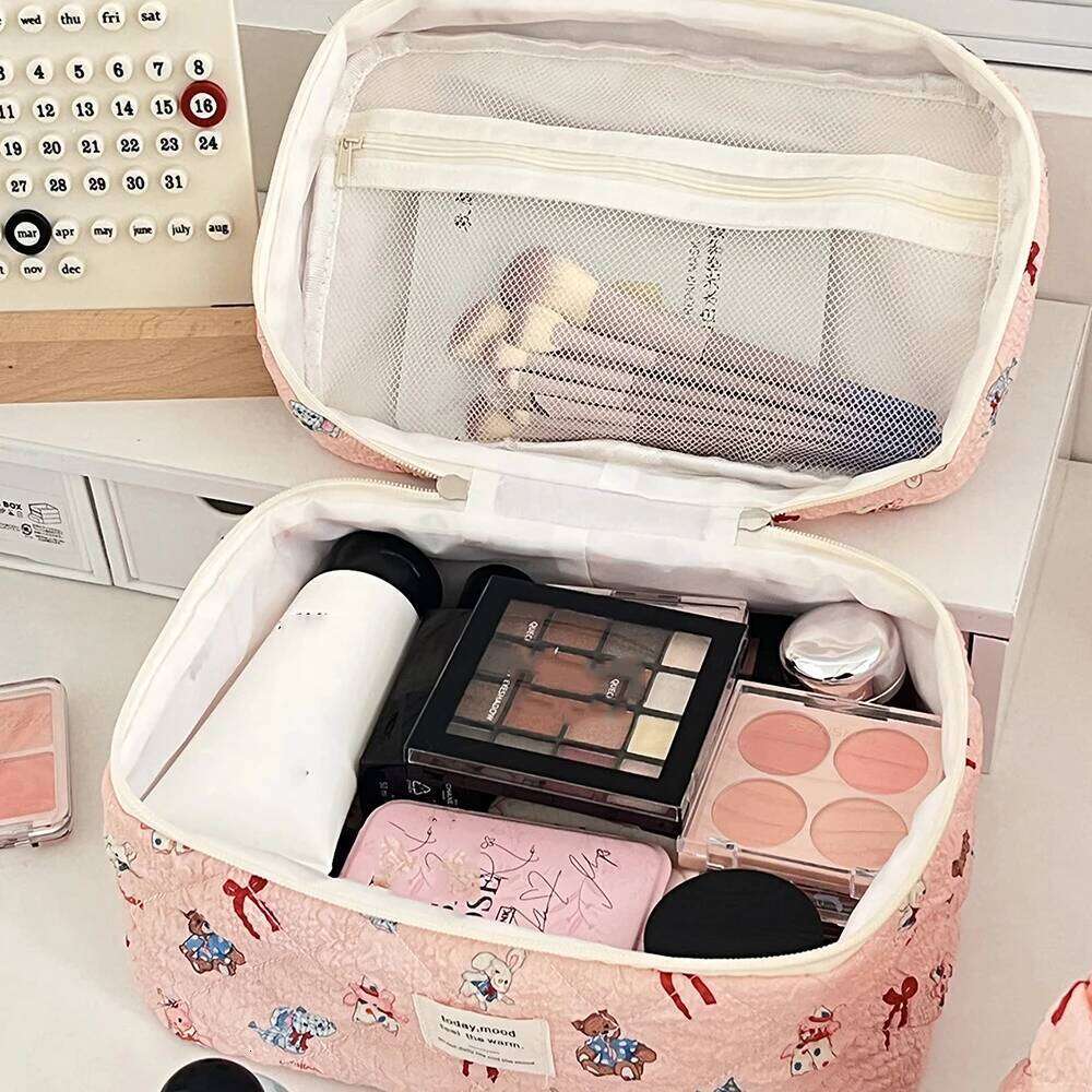 Cute Pink Girls Cartoon Makeup Portable Tote Cosmetic Pouch Handbag Women Personality Ladies Make Up Quilting Zipper Bag Y260206