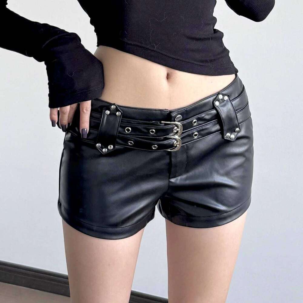 Y2K Spice Girls Sexy Slim-fit Black Shorts Personality Street Metal Buckle Low-rise Hot Pants Women XJ260206