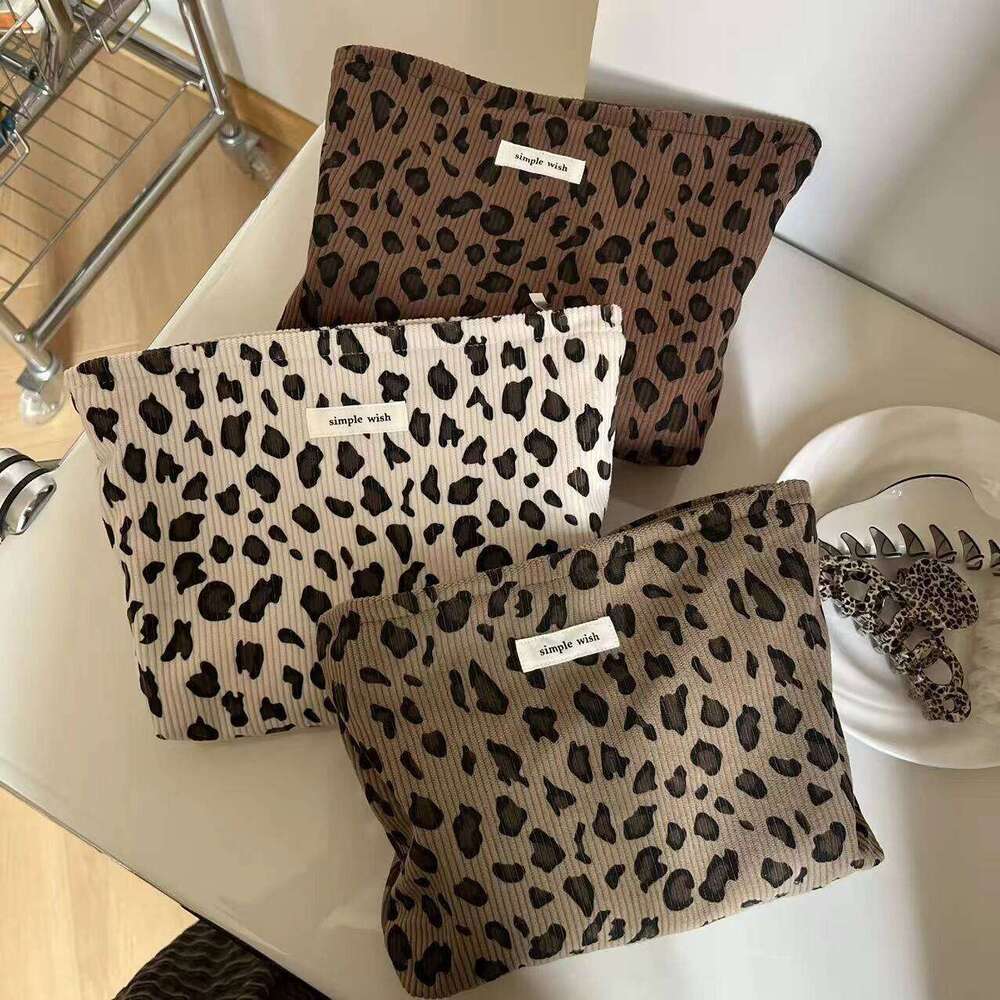 Corduroy Retro Leopard Pattern Makeup Lipstick Cosmetic Organizer Zipper Travel Washing and Storage Bag for Women Y260206