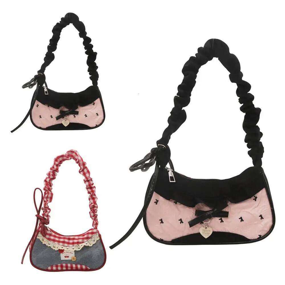 Fashion Grid Women Lace Ribbon Stretchable Strap Single Shoulder Underarm Bag Daily Commuting Student Handbag Z260207