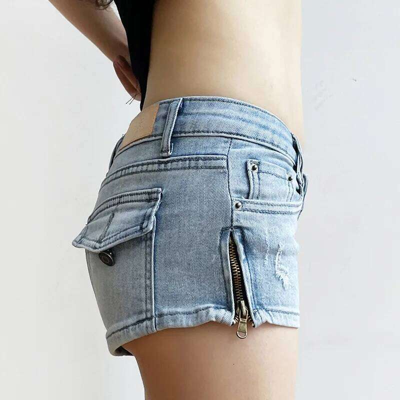 Ultra-low Waist Denim Women's Light Blue Stretch Slim Sexy Buttocks Shorts Nightclub XJ260206