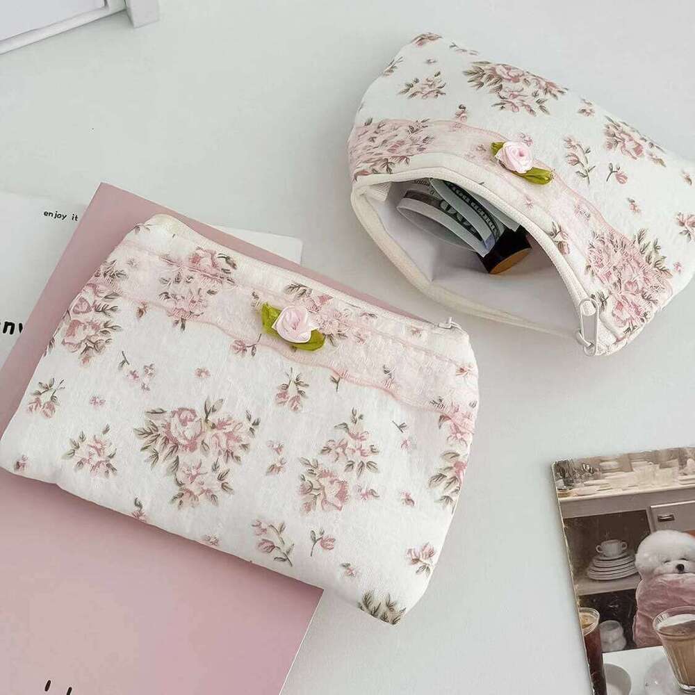 Pink Flower Women Small Makeup Bag Travel Organizer Cosmetic Coins Handbag Pouch Gilrs Cute Bow Square Zipper Wallet Bags Y260206