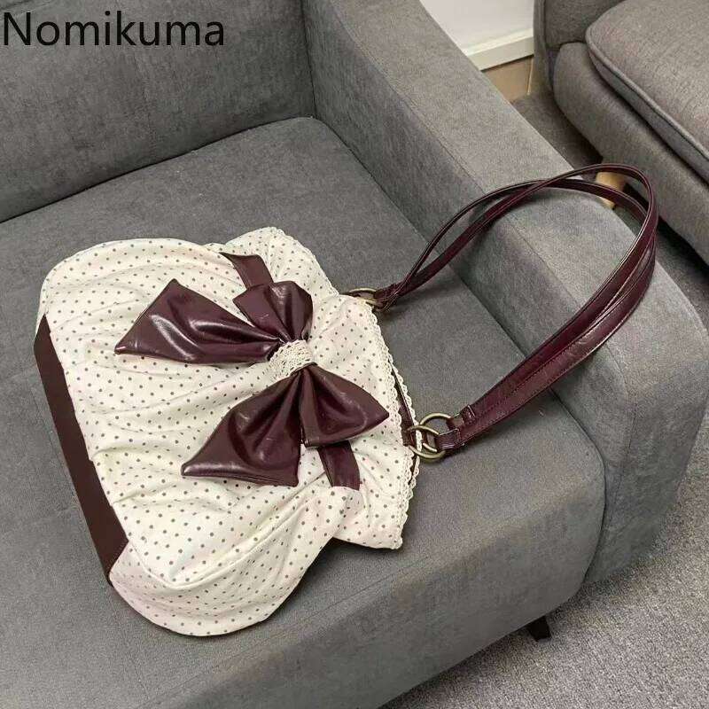 Chic Polka Tote Casual Commuting Vintage Women Handbags Shoulder Versatile Large Capacity Dot Design Bow Sweet Bag Y260205
