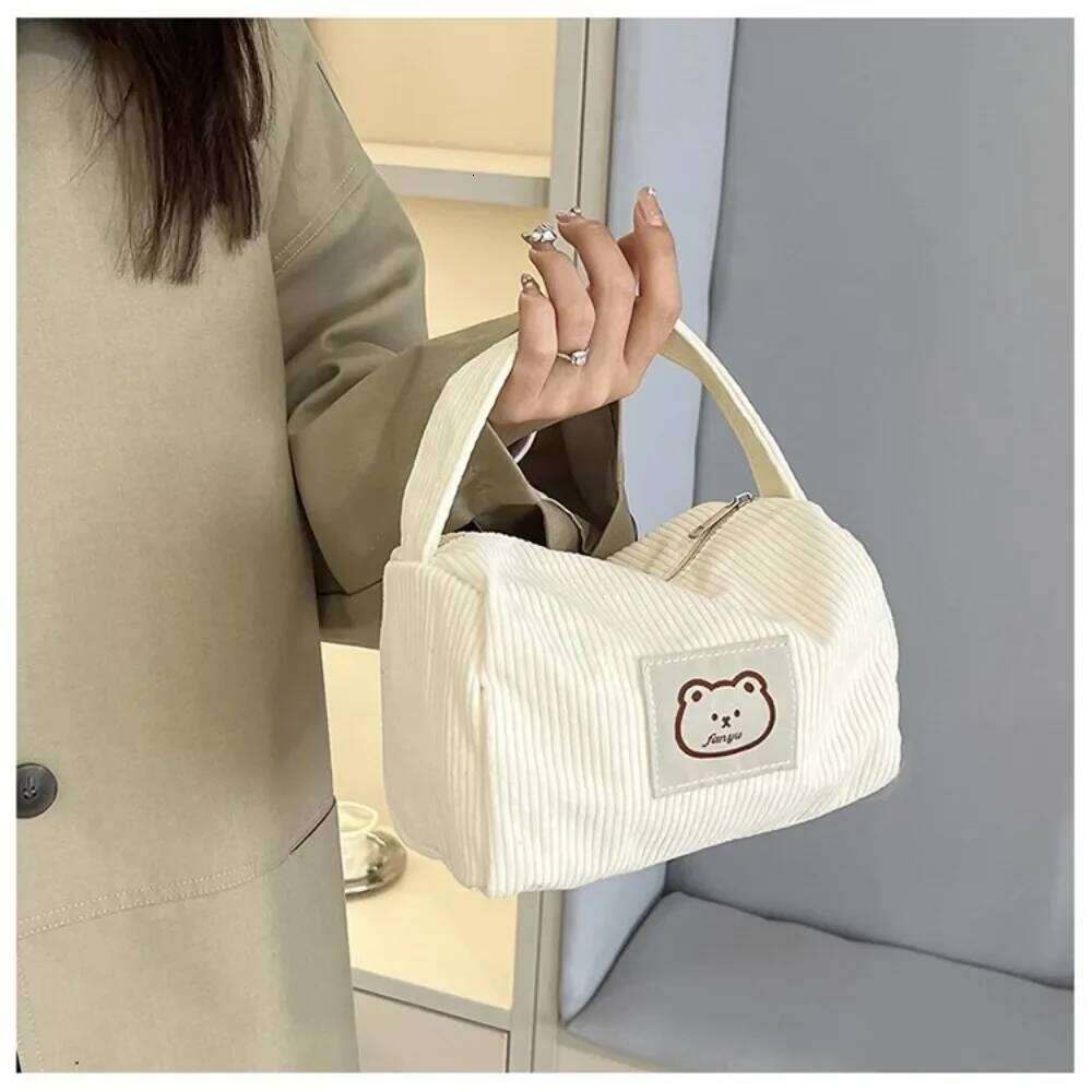 Bear Large Makeup for Women Corduroy Make Up Bags Zipper Pouch with Handle Cosmetic Organizer Toiletry Bag Y260206