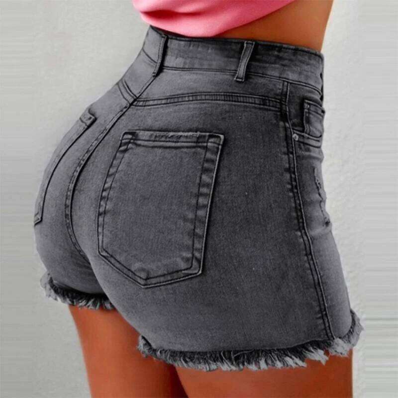 Hot-selling Women's Denim Shorts with Fringe Ripped High-waist Jeans Hot Pants XJ260206