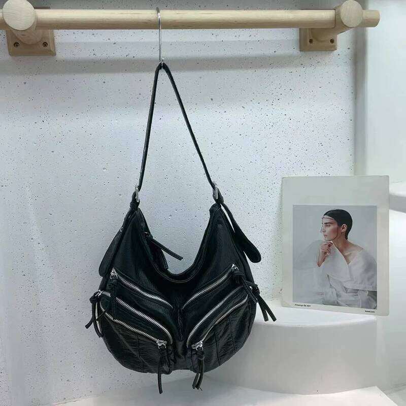 Retro Large Capacity Women's Soft PU Leather Motorcycle Multi-pocket Work Commuting One-Shoulder Crossbody Tote Bag Y260205