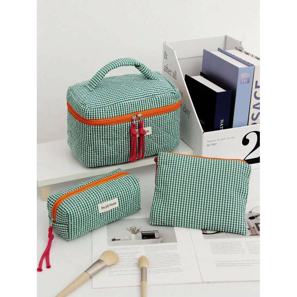 1Pc/Set Plaid Design Green Color with String Cosmetic Organizer Handbag Set For Home, Travel, Vacation And School Use Y260206