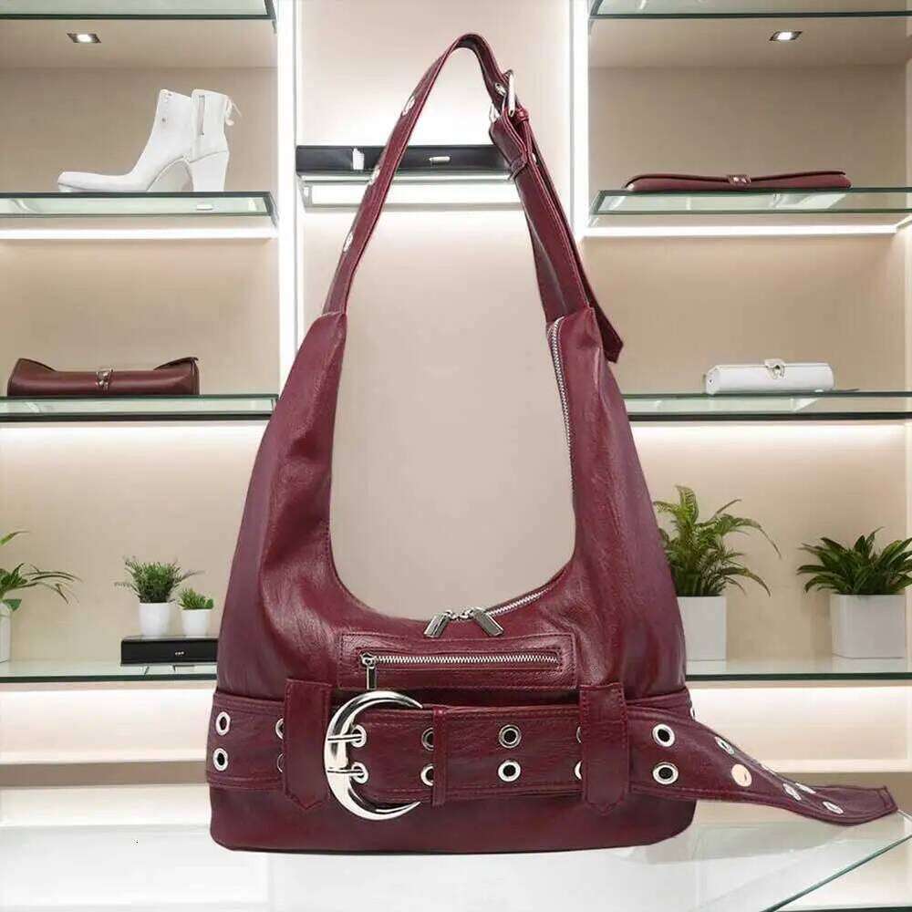 PU Leather Y2k Shoulder Adjustable Strap Belt Buckle Handbag Solid Color Motorcycle Commute Travel Shopping Tote Bag Y260205
