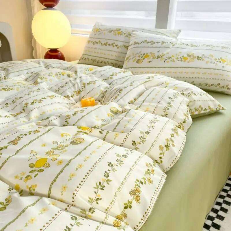Green Floral Bedding Set Ins Fashion Twin Full Queen Size Duvet Cover No Filler Flat Sheet Pillowcase Girl Home Totel Bed Linens XJ260206