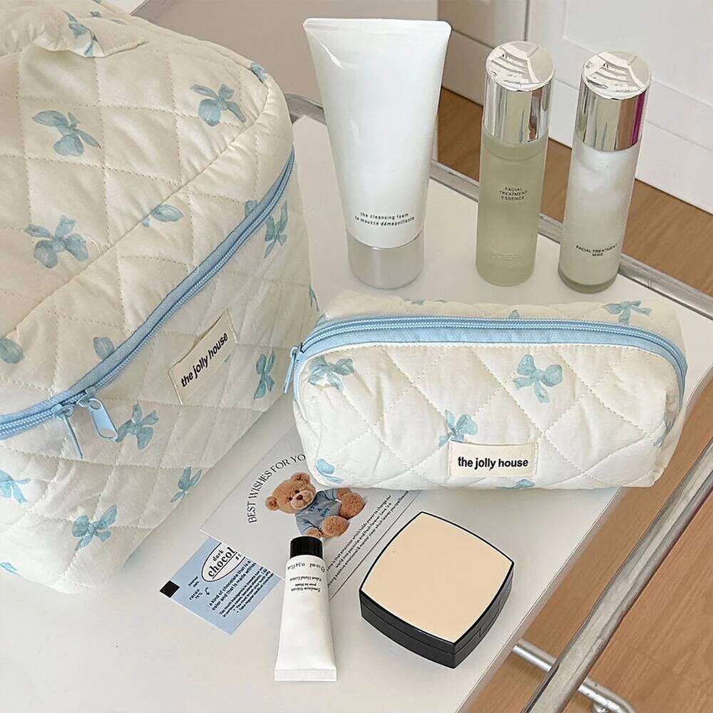 Cute Bow with Zipper Makeup Storage Bag Cotton Quilted Cosmetic Organizer Case for Women and Girls Y260206