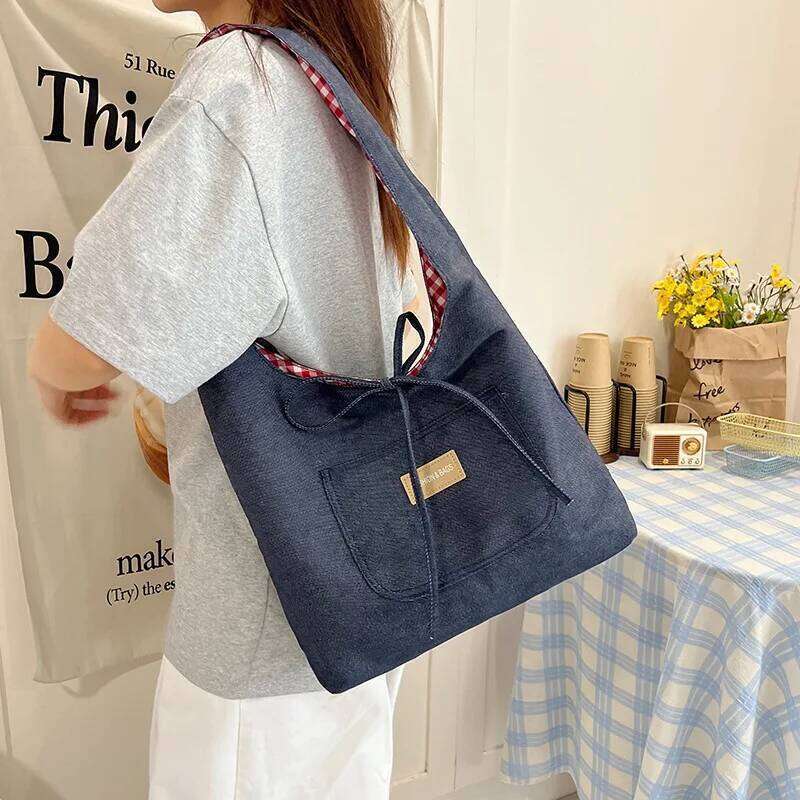 Double Sided Nylon Women's Shoulder Bags Large Capacity Plaid Ladies Tote Underarm Bag Threaded Simple Bow Casual Female Handbag Y260205