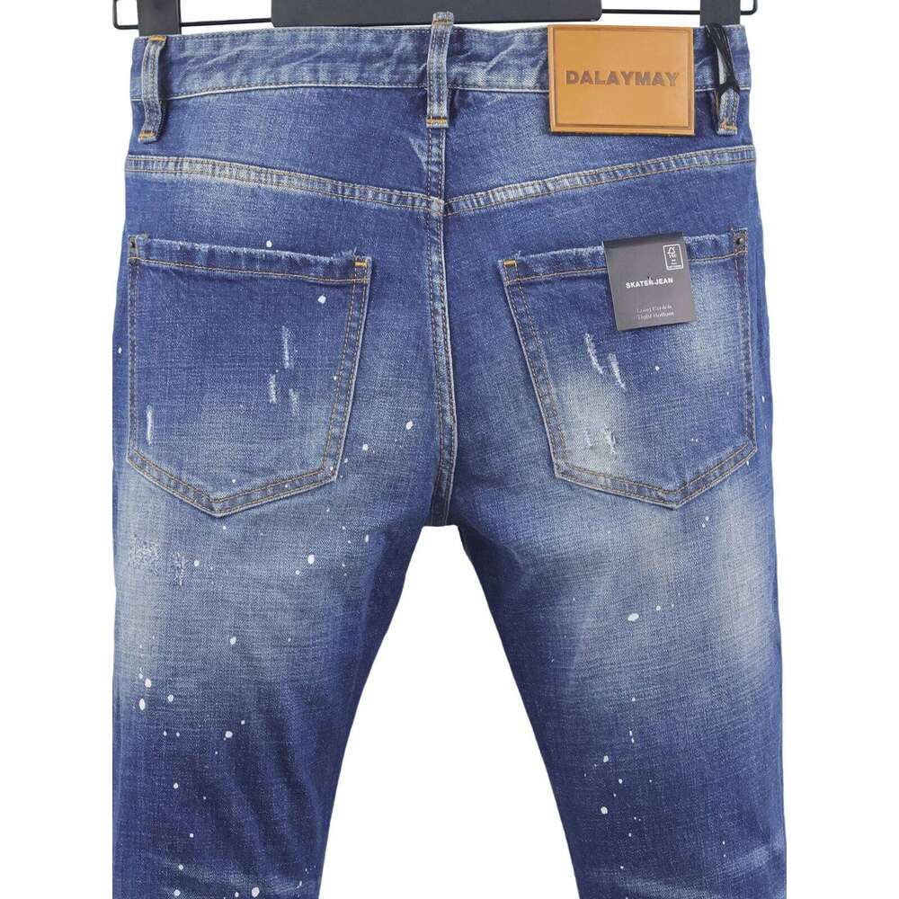 6054 Four Seasons New D2 Jeans Washed Ripped Patch Paint All-match Trendy Men's Foot Blue X260207 - view 5