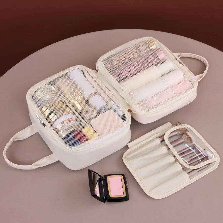 Multifunctional For Women PU Leather Large Capacity Portable Double Zipper Travel Makeup Brush Toiletries Storage Bag Y260206