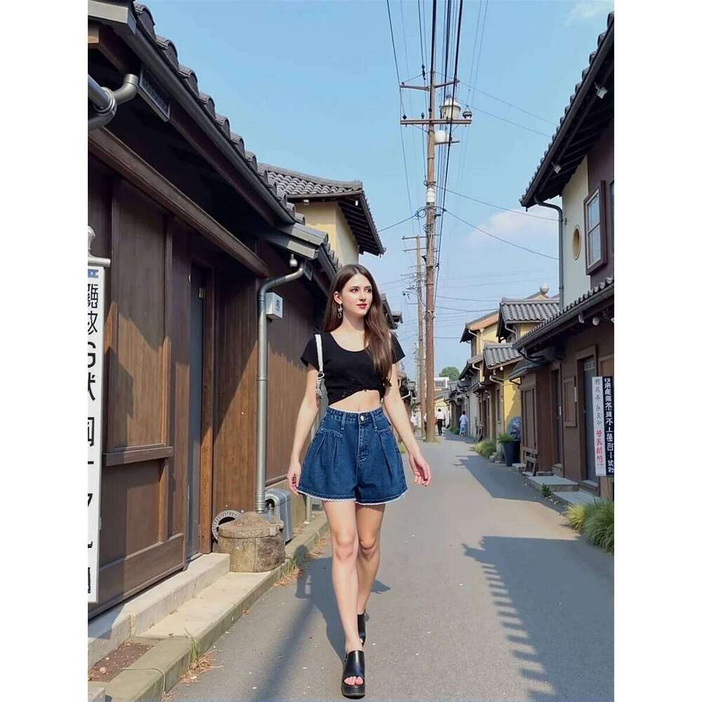 Denim Dark Blue Womens Loose Baggy Oversize Korean Style Gym Shorts Ladies Summer Sporty Elastic Waist Casual Trendy XJ260206