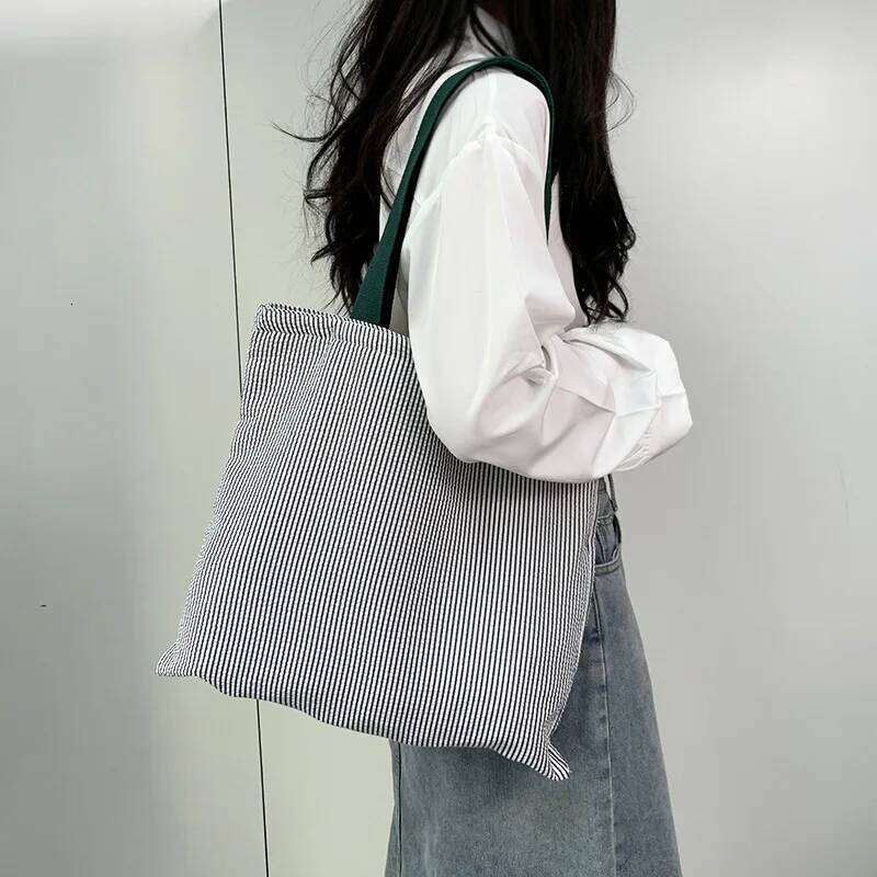 Stripe Contrast Color Women's Canvas Shoulder Large Capacity CollegeBook Tote Zipper Handbags Simple Commuter Shopping Bag Y260204