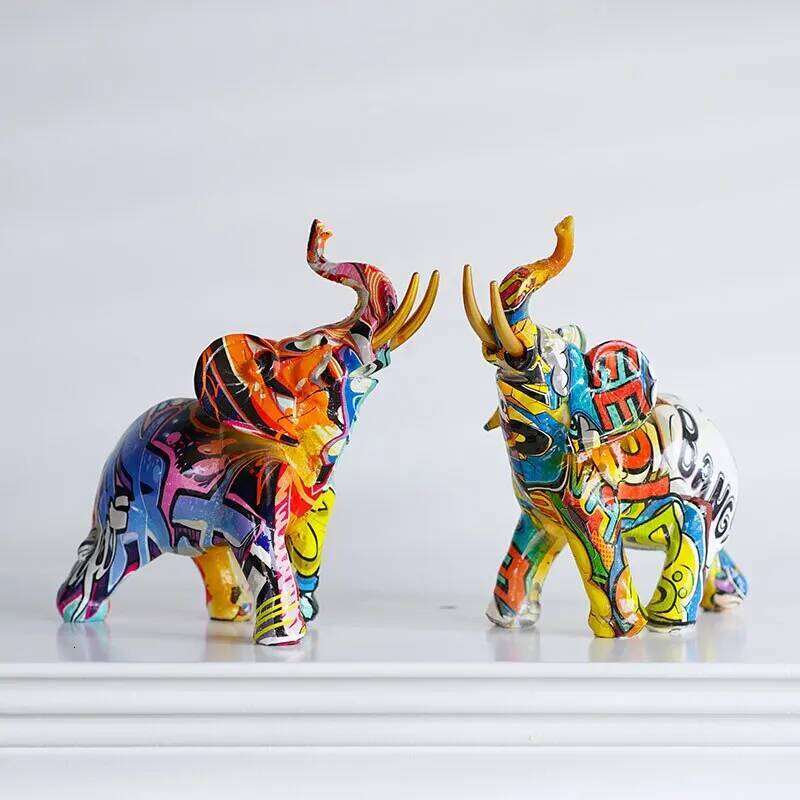Resin Colorful Transfer Printed Elephant Figurines Modern Art Ornaments Animal Feng Shui Home Interior Office Decor Accessories S260204