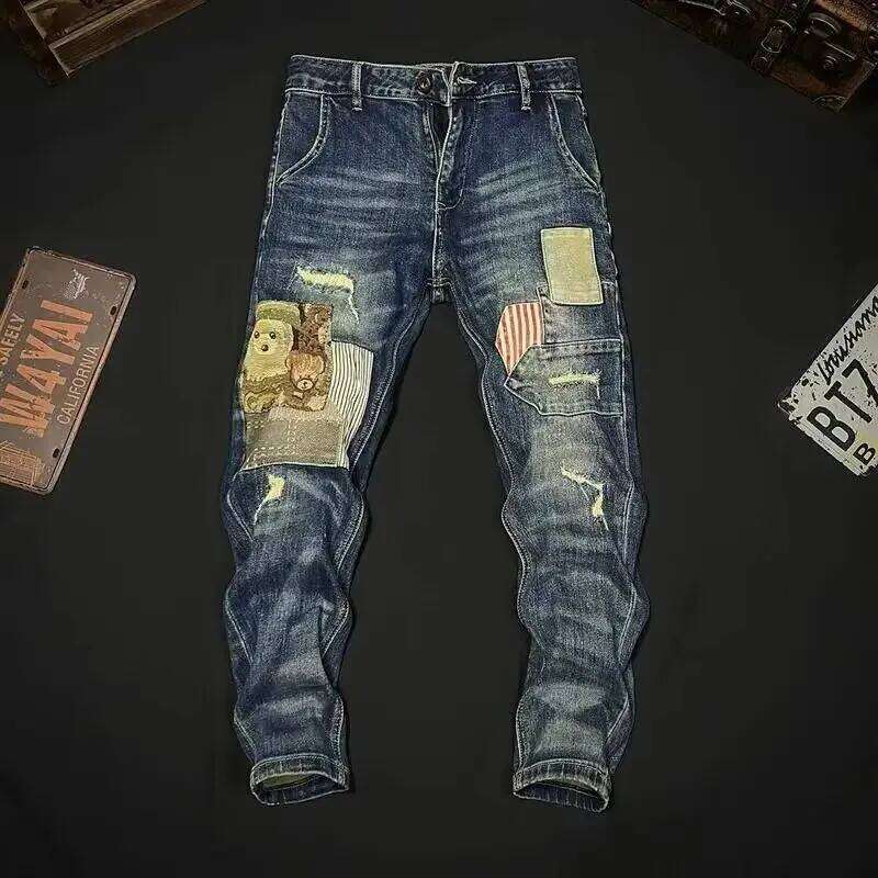 Autumn and Winter 2025 Fashion Heavy Industry Embroidery Denim Patch Trend Casual Splicing Sticker Cargo Pants Men Graphic Jeans X260207