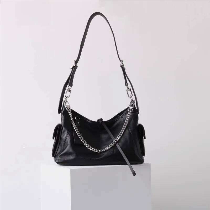 Black Tied Chain Tote Women Leather Large Capacity Stitching Shoulder Ladies Retro Sle Commute Casual Crossbody Bag 2025 Y260205