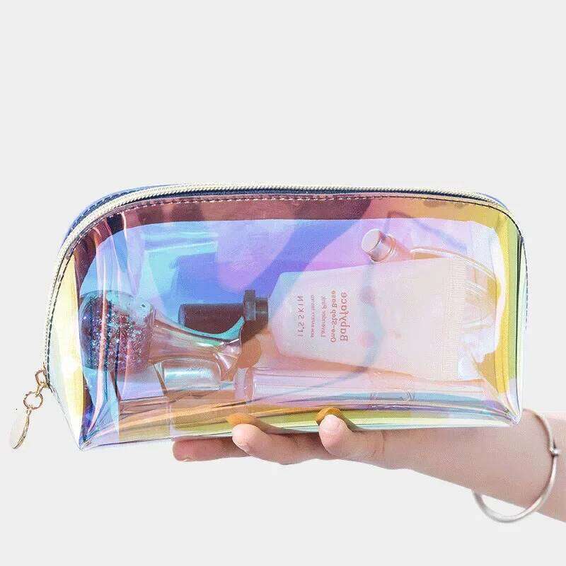Laser Cosmetic Ins Style Korean Cosmetics Semicircle Travel Makeup Portable Dumpling Shaped Transparent Wash Brush Bag Y260206
