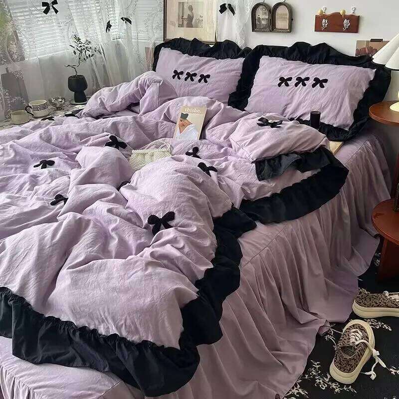 Ins Girl Bow Lace Washed Cotton Four-Piece Set Available For four Seasons Bed Skirt Bedding 4 Dormitory Three-piece set XJ260206