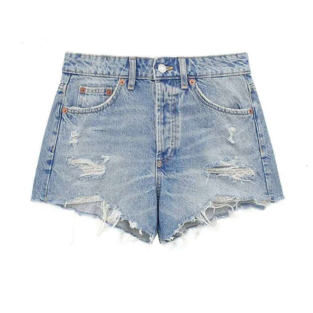 American Style Denim Women Mid Waist Versatile Ripped Hole Jean Shorts Summer Slim Fit Casual Hot Pants XJ260206