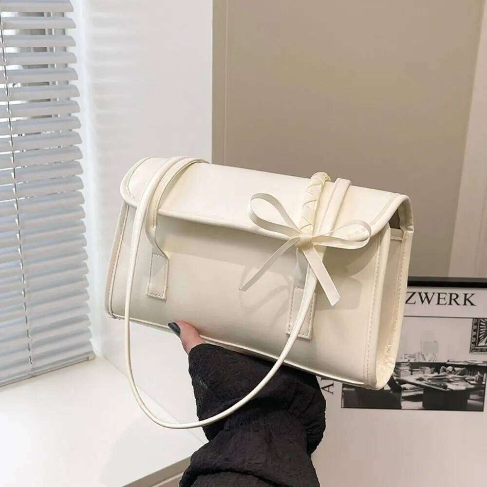 Trendy Sweet Y2k Bow Ribbons Shoulder Bag Large Capacity Portable Girls Handbag Solid Color Pu Leather Underarm Travel Y260205