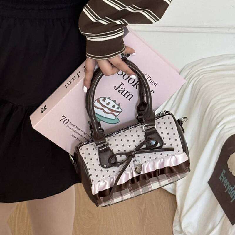 Cute Polka Dot Mini Handbag Brown Bow Design Ruffle Shoulder Sweet Plaid Detail Small Tote Purse Women Casual Crossbody Bag Y260205
