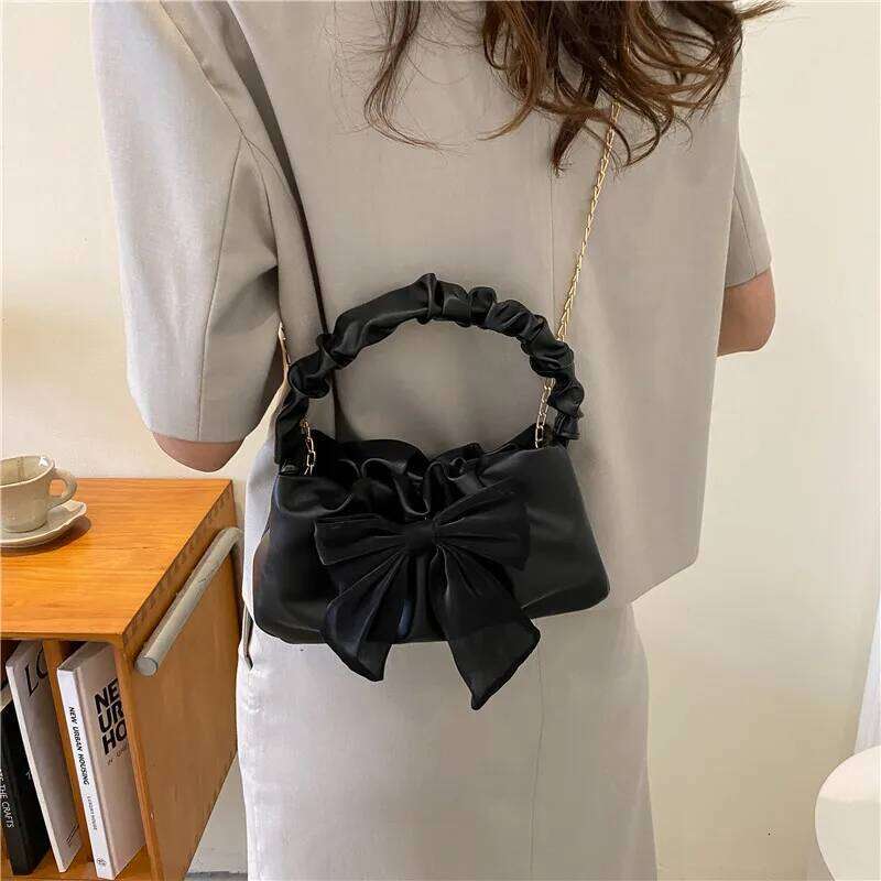 Bow Accented Ruched Tote Bag, Retro Chic Chain Crossbody Bags for Women Mini Crossbody/handbag Purse, Trendy Cloud Shoulder Bag Z260207 - view 4
