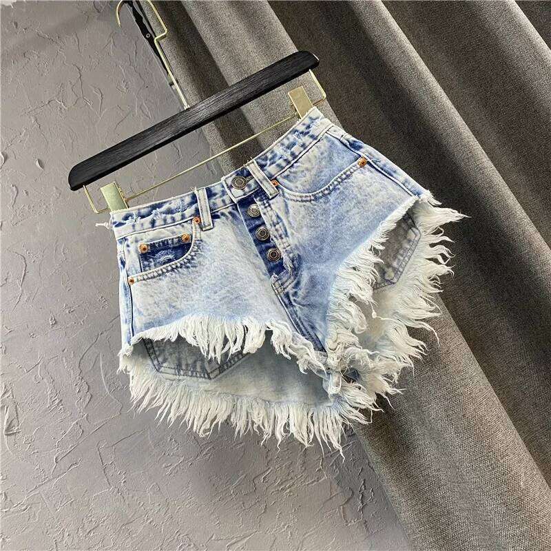 Women's Ripped Mid Rise Summer Button Tassel Single-breasted Wide-leg Denim Shorts Jeans Streetwear XJ260206