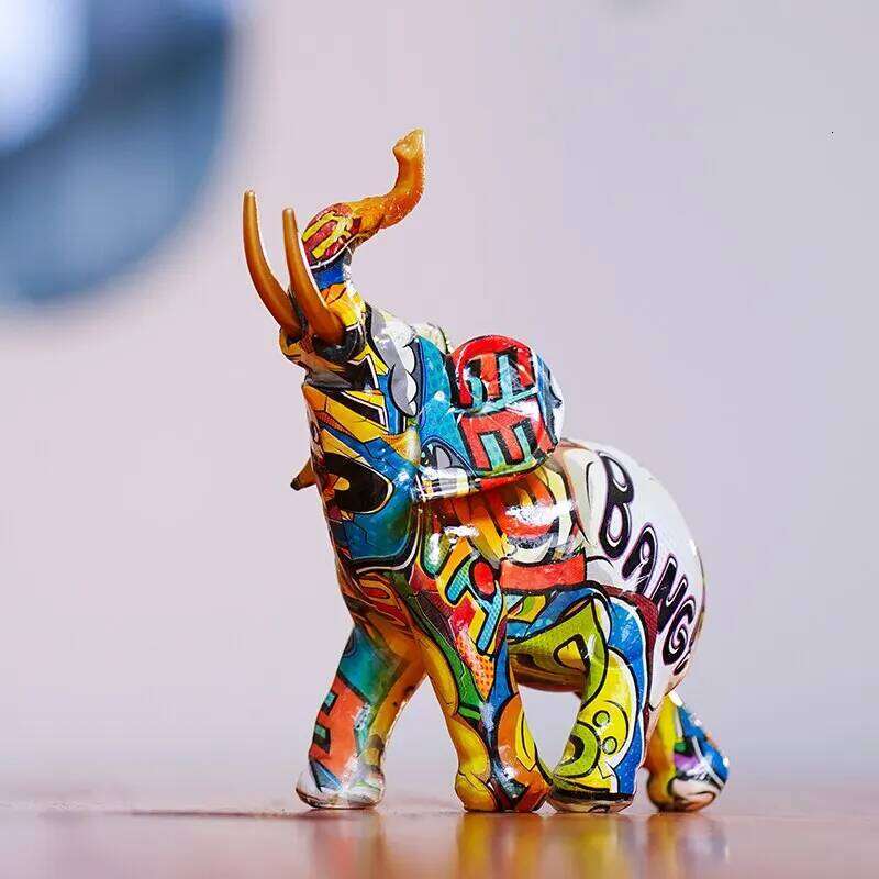 Resin Colorful Transfer Printed Elephant Figurines Modern Art Ornaments Animal Feng Shui Home Interior Office Decor Accessories S260204