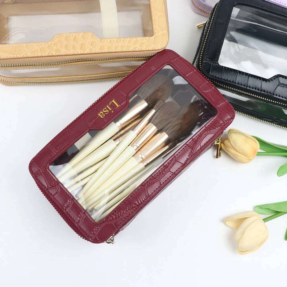 Customized name PU leather + transparent TPU toiletry travel portable makeup bag, large-capacity waterproof storage bag Y260206