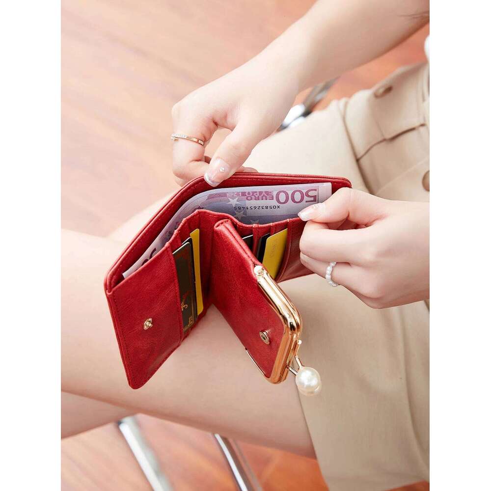 Women's Cute Pearls Kiss Lock multifunctional Trifold Large Capacity Short Wallet fashion PU Leather Coin ZeroWallet Y260206