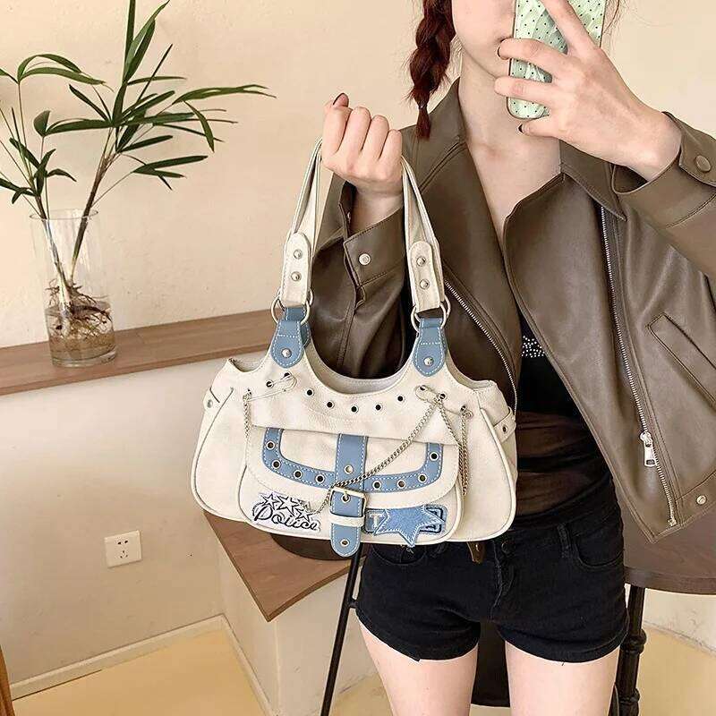 Gothic Punk Y2K One Shoulder Tote Bag, Harajuku Aesthetic Leather Patchwork Casual Handbag, Vintage Beige Female Bags Y260205