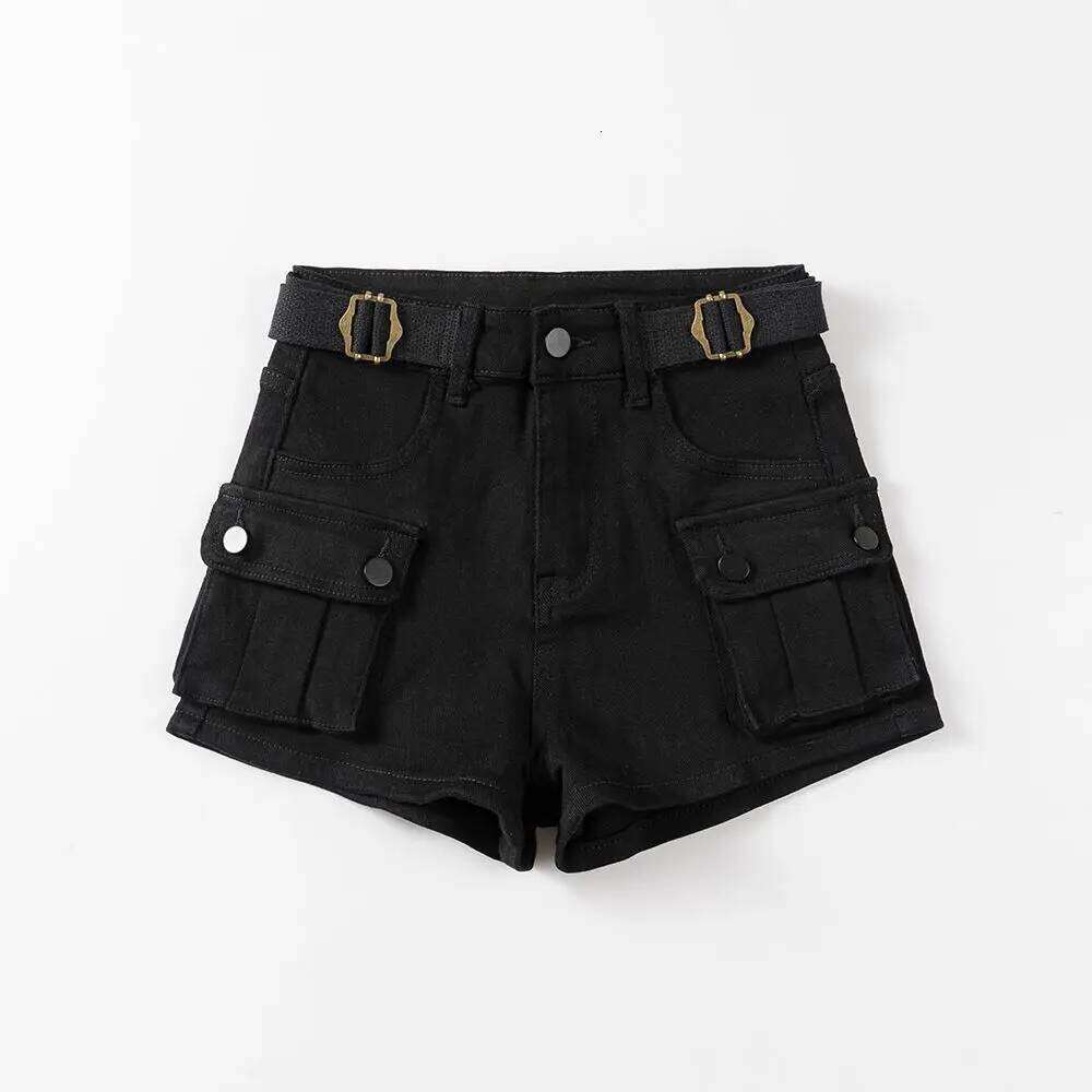 American Vintage Belt Trim High Waist Large Pockets Cargo Women A-line Long Legs Khaki Casual Shorts Hot Short Pant Chic XJ260206