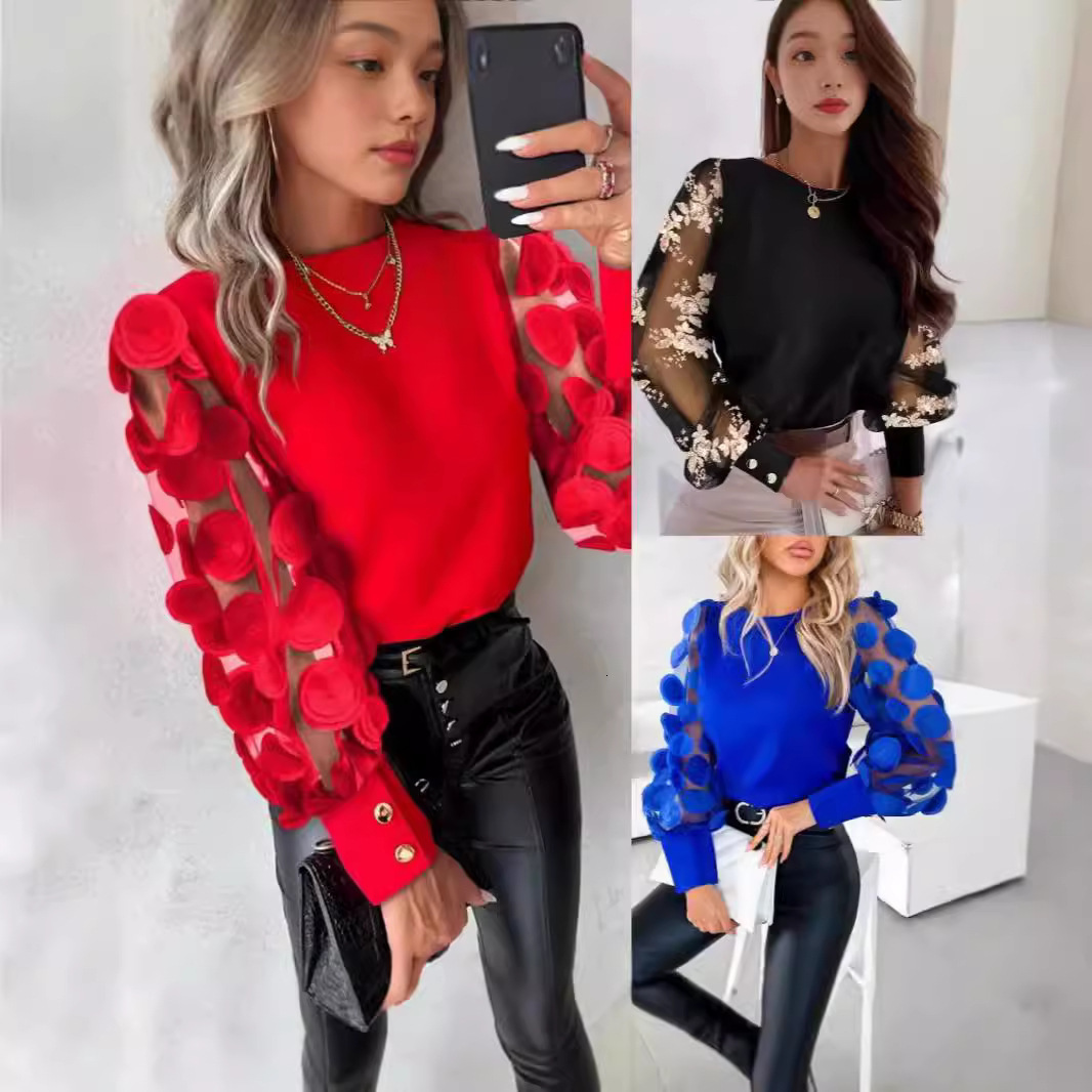 Women Patchwork Mesh Embroidered Floral Long Sleeve Blouse Tops Ladies Slim Crew Neck Pullover Shirt Summer Spring Blusas 240117